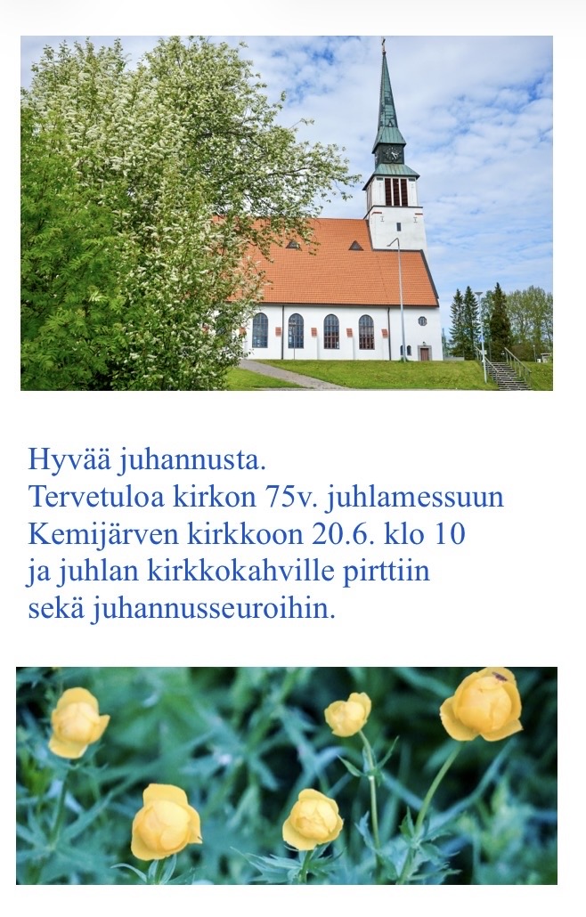 Kuvassa Kemijärven kirkko kesäisessä asussaan